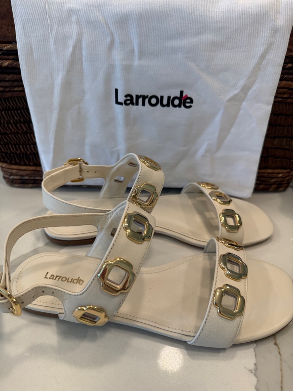 Larroude Cream Leather Sandals with Gold Accents 9